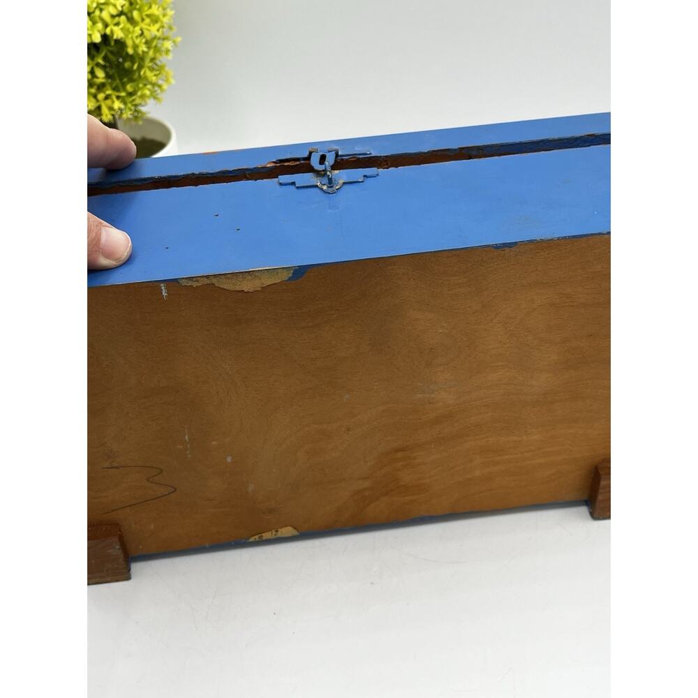 Vintage Cedar Wood Box Hinged Lid Decoupage Mediterranean Scene Blue Paint AS IS - Picture 14 of 14